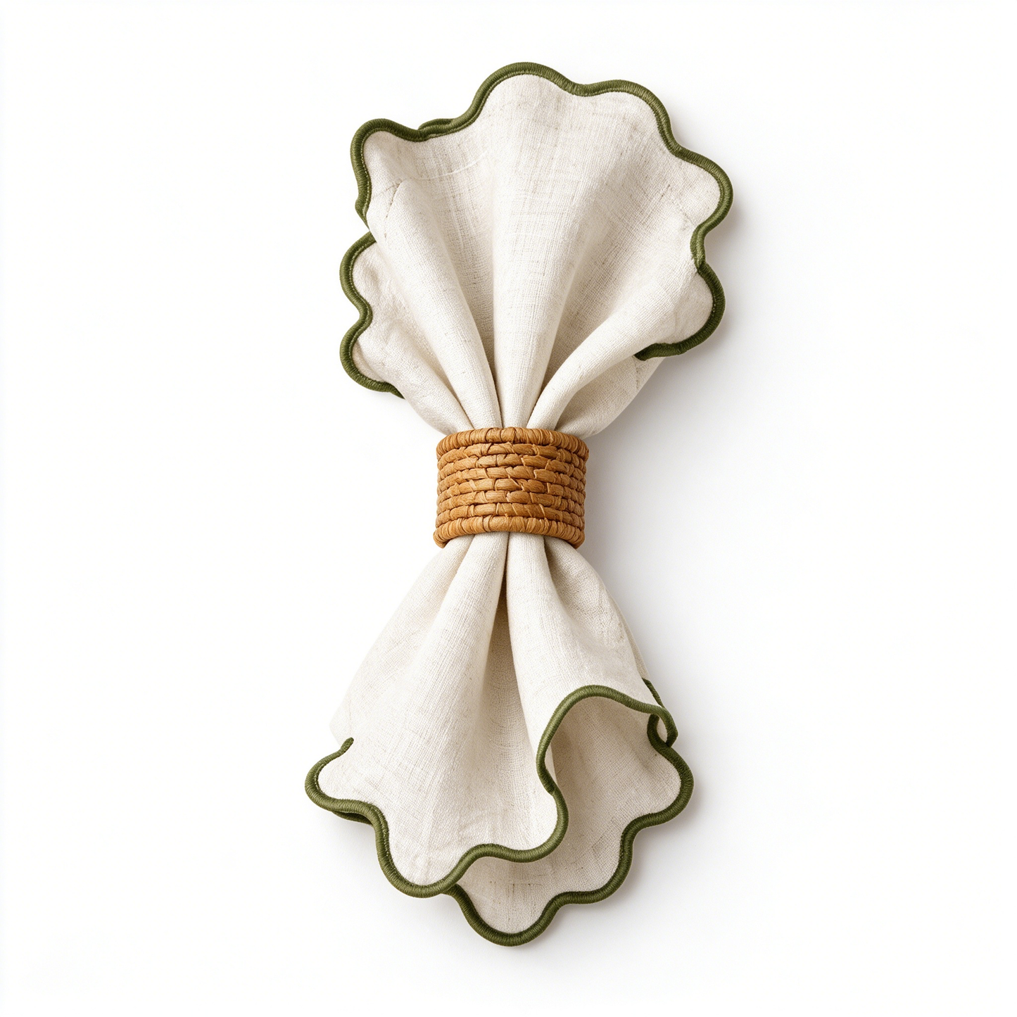 Cream Linen Napkin with Green Scalloped Piping