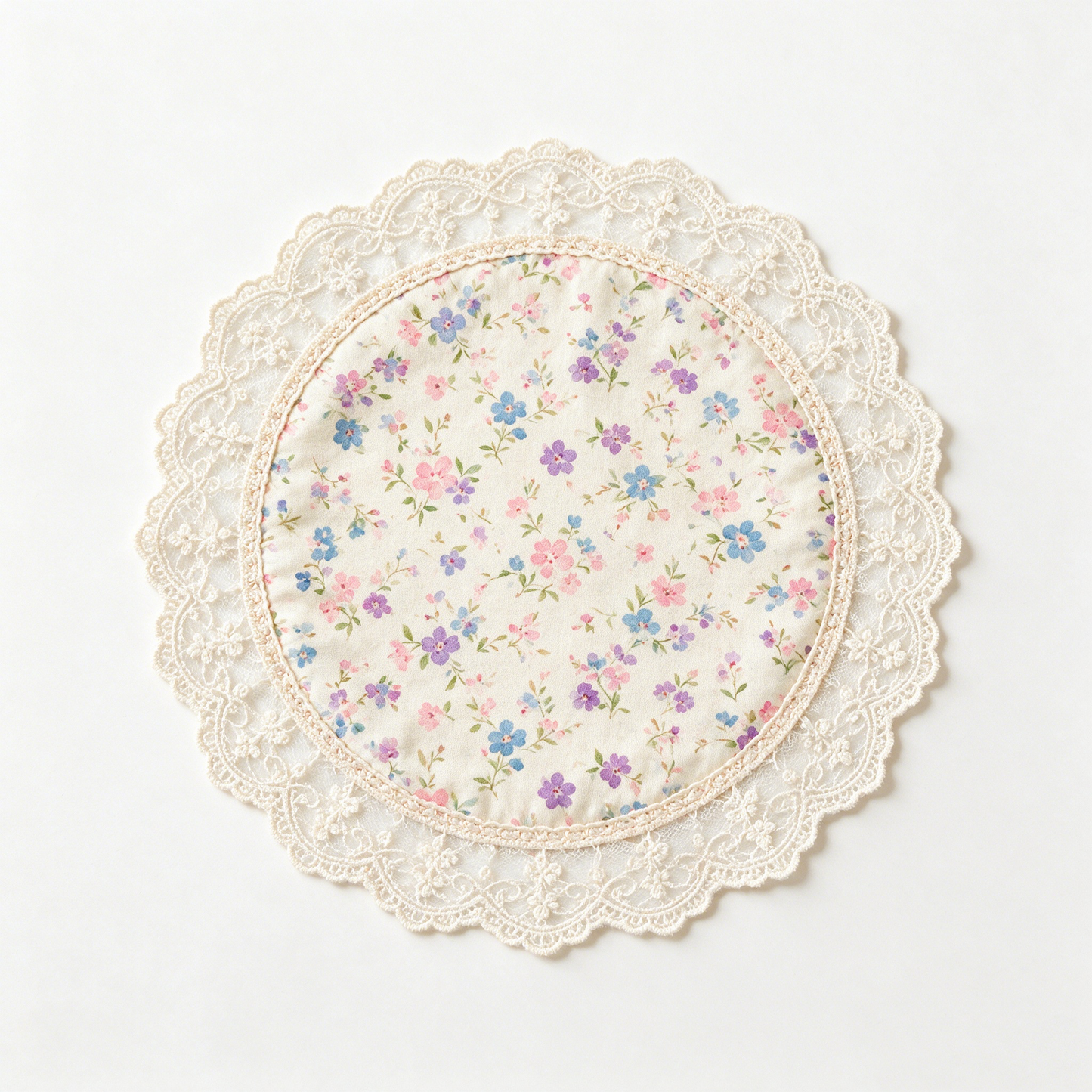 Round Floral Print Lace Trim Placemat