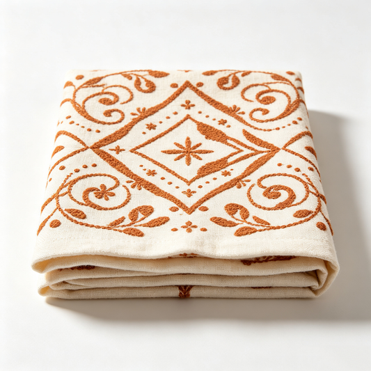 Terracotta Diamond Scroll Embroidery Linen Tablecloth