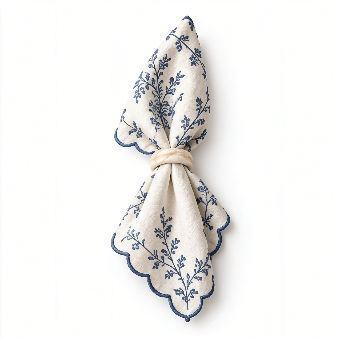 Scalloped Blue Floral Vine Linen Napkin