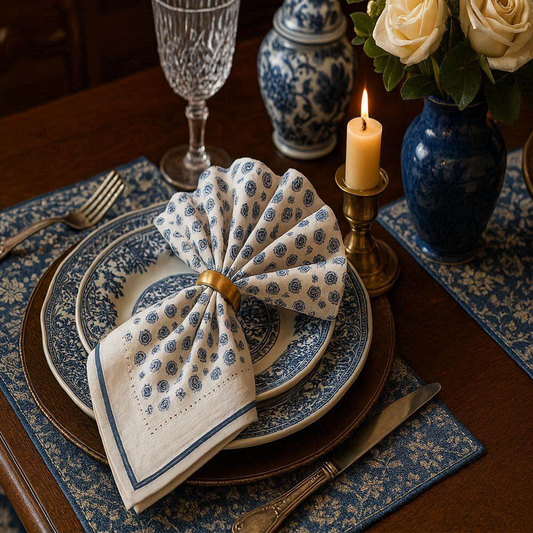 Light Blue Mini Rose Print Linen Napkin