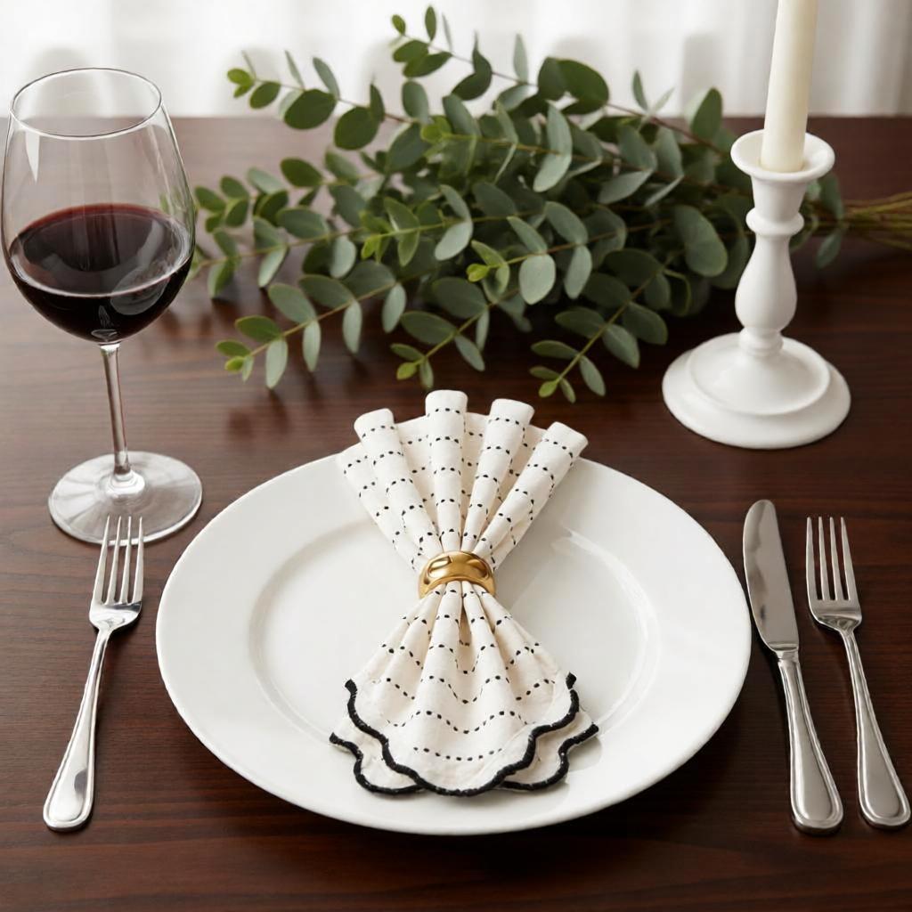 Black Dot Scalloped Linen Napkin