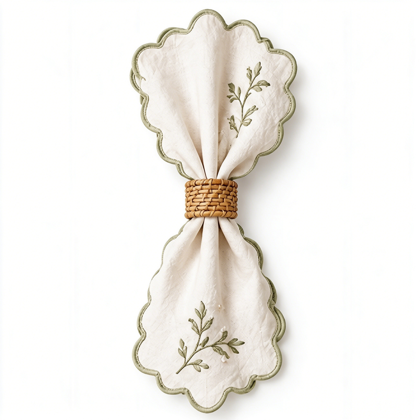 Scalloped Sage Embroidery Leaf Linen Napkin