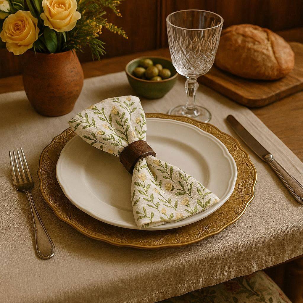 Green Yellow Floral Print Linen Napkin