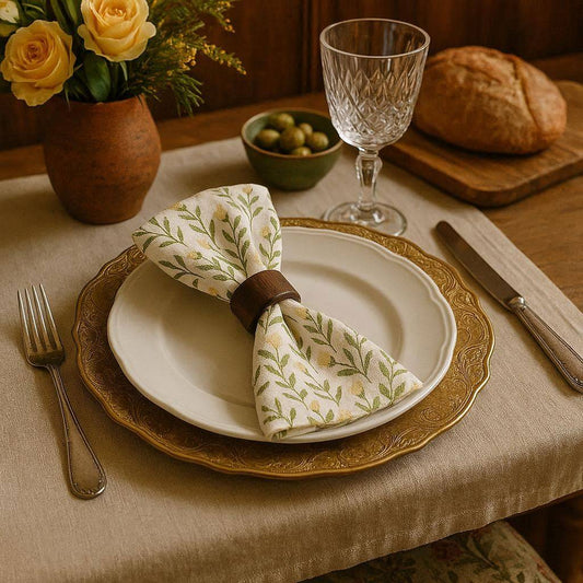 Green Yellow Floral Print Linen Napkin