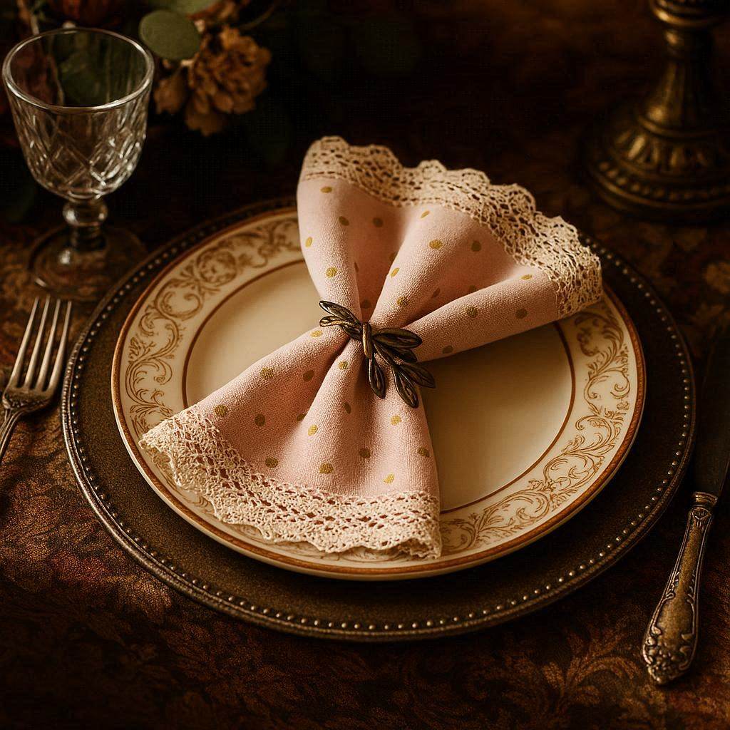 Pink Gold Polka Dot Lace Trim Linen Napkin