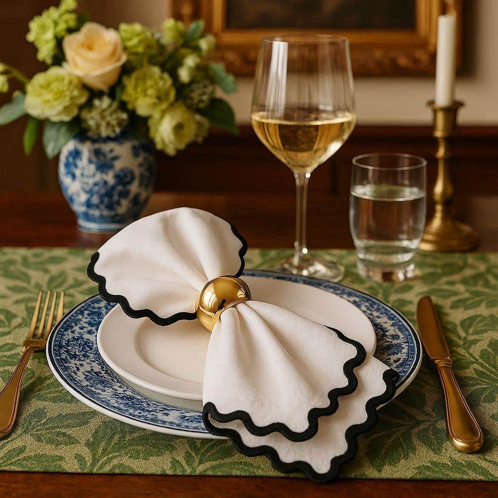 White Black Scalloped Trim Linen Napkin