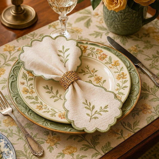 Scalloped Sage Embroidery Leaf Linen Napkin
