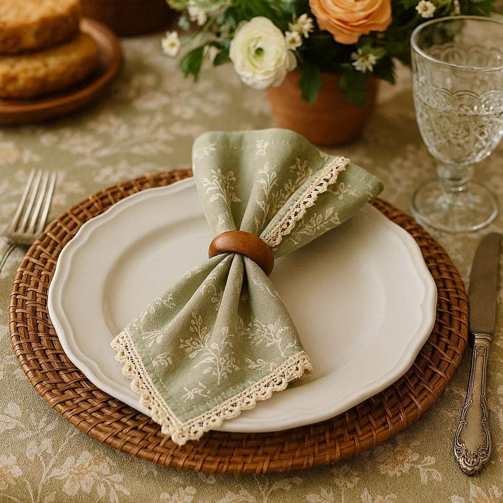 Sage White Floral Lace Corner Linen Napkin