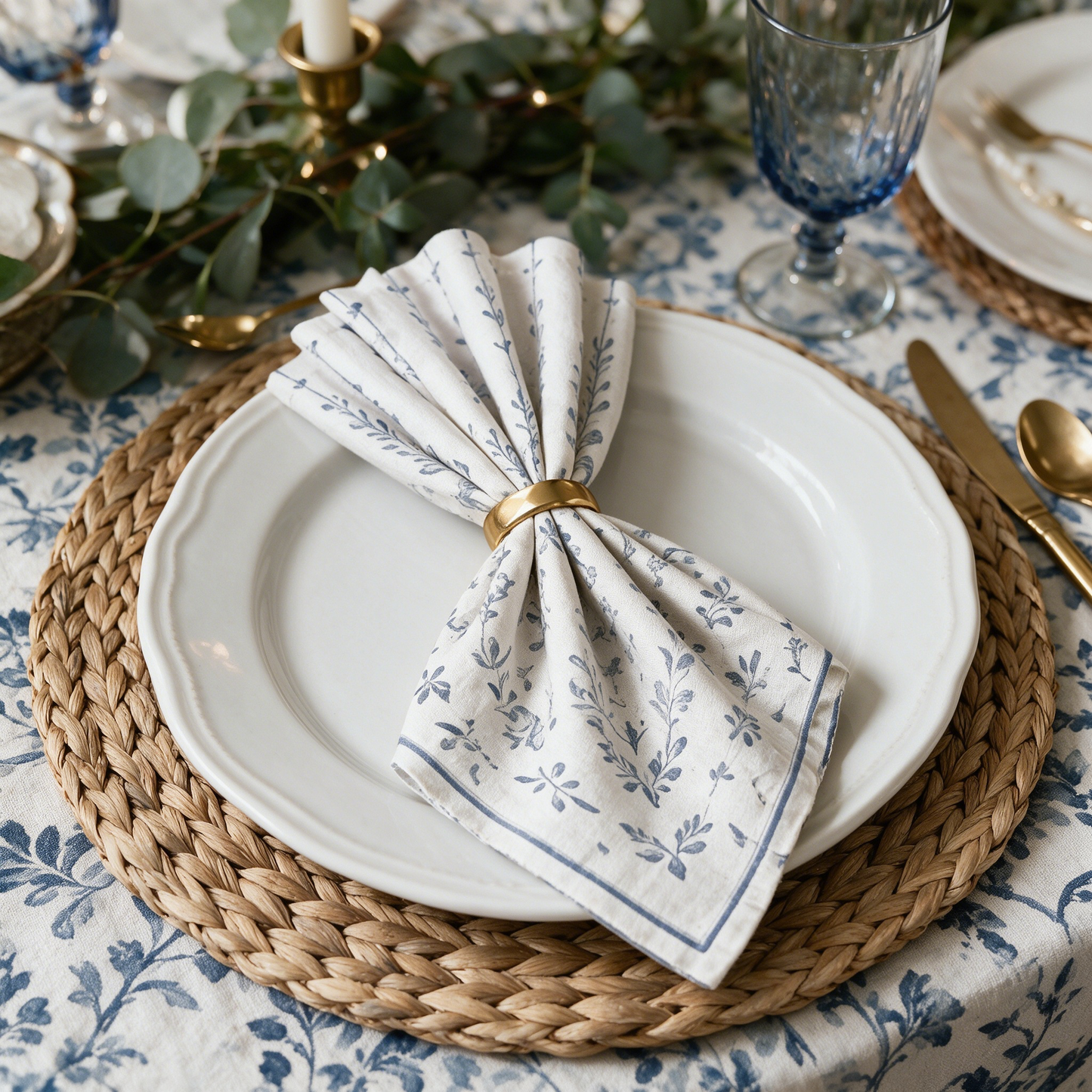Blue Sketch Floral Branch Linen Napkin