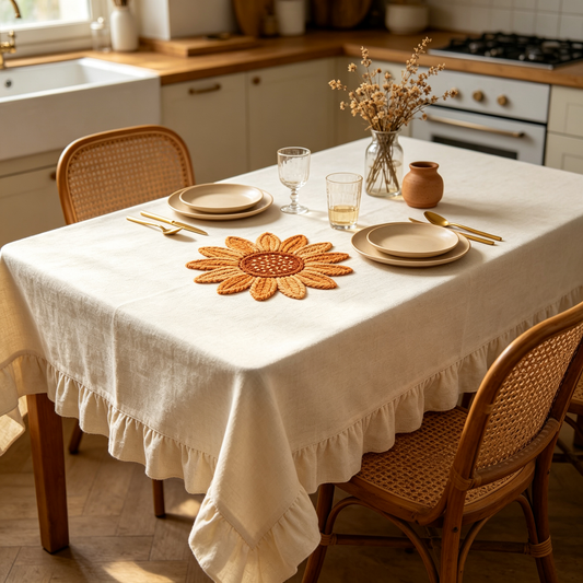 Cream Sunflower Embroidery Linen Tablecloth