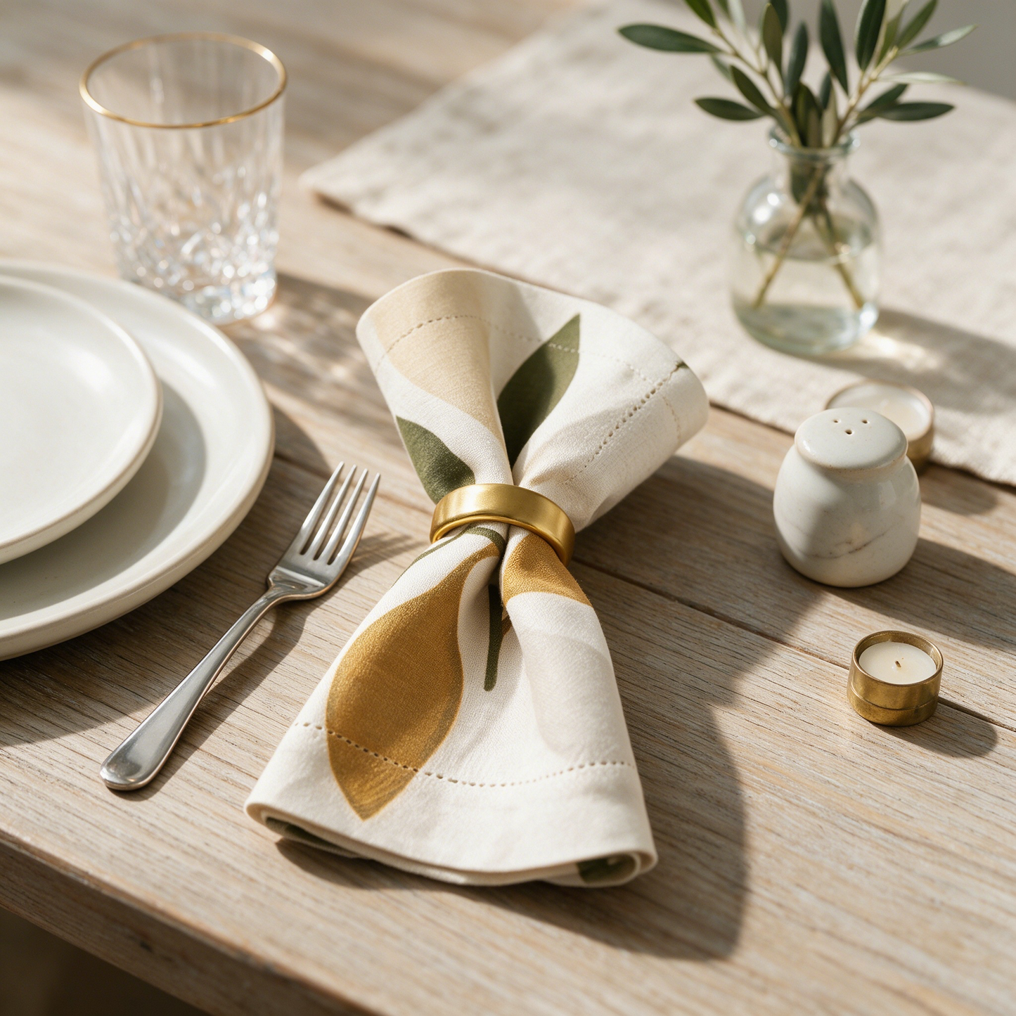 Olive Leaf Print Hemstitch Linen Napkin