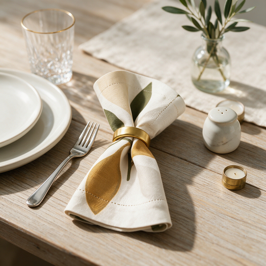 Olive Leaf Print Hemstitch Linen Napkin