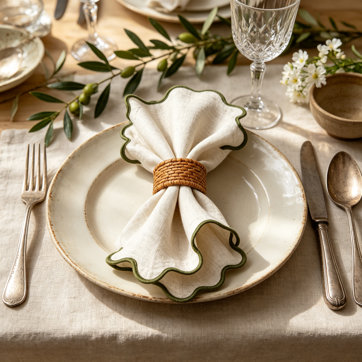 Cream Linen Napkin with Green Scalloped Piping