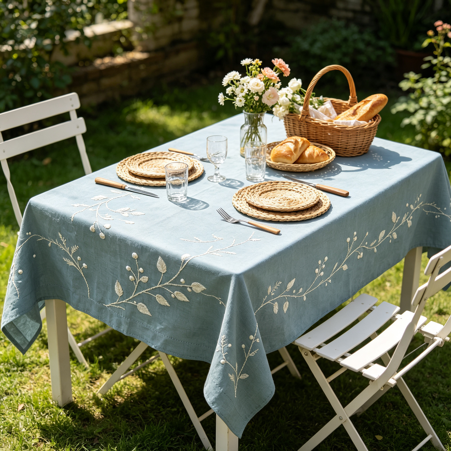Dusty Blue Leaf Vine Embroidery Tablecloth