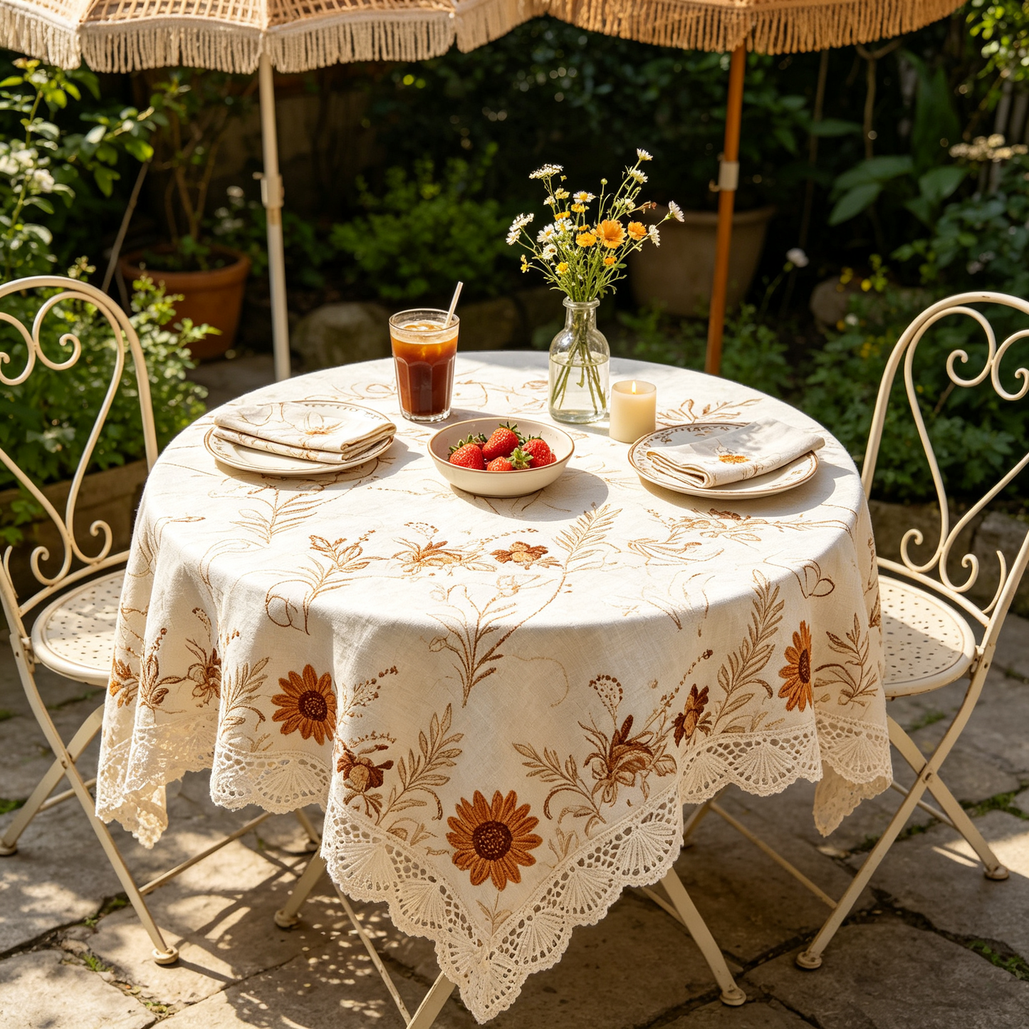 Sunflower Embroidery Lace Trim Tablecloth