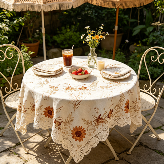 Sunflower Embroidery Lace Trim Tablecloth