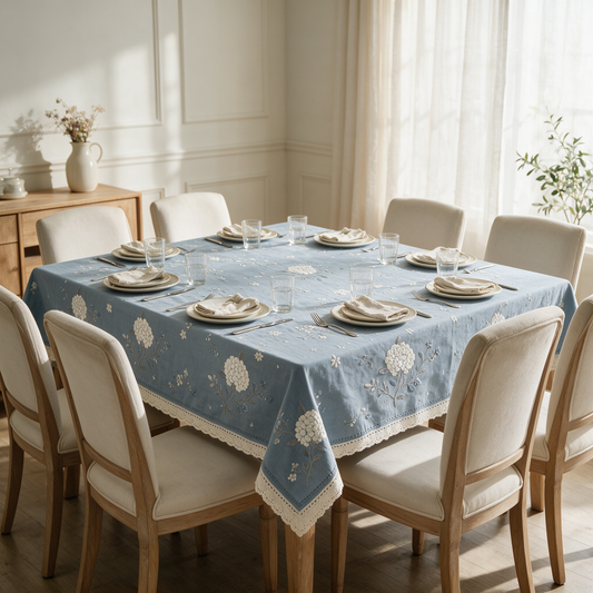 Light Blue Hydrangea Embroidery Lace Tablecloth