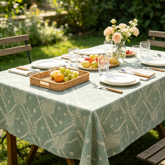Sage Green Geometric Print Linen Tablecloth