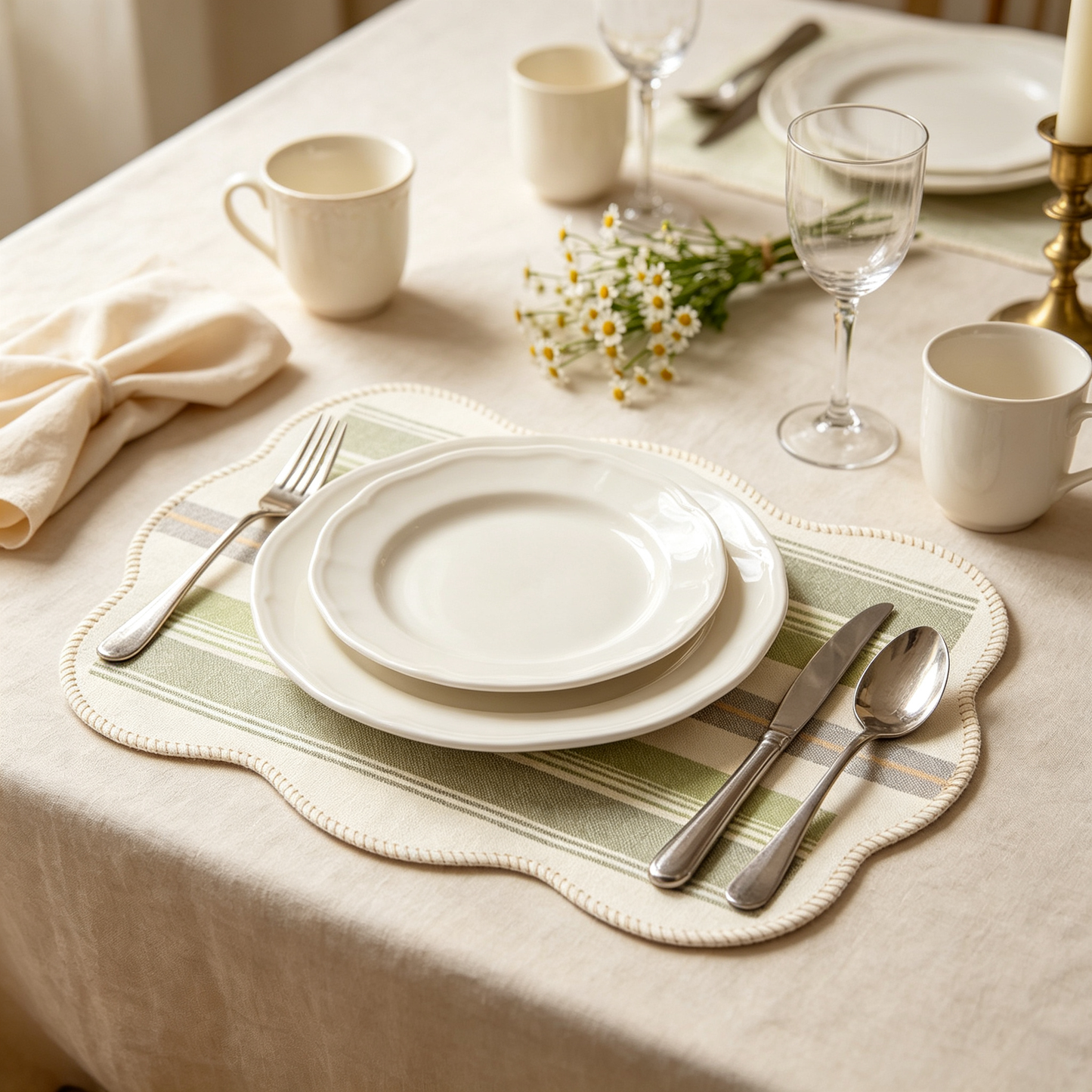 Scalloped Rectangular Green Stripe Linen Placemat