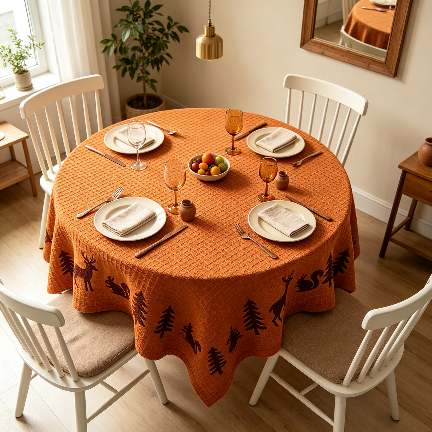 Burnt Orange Woodland Animal Embroidery Tablecloth