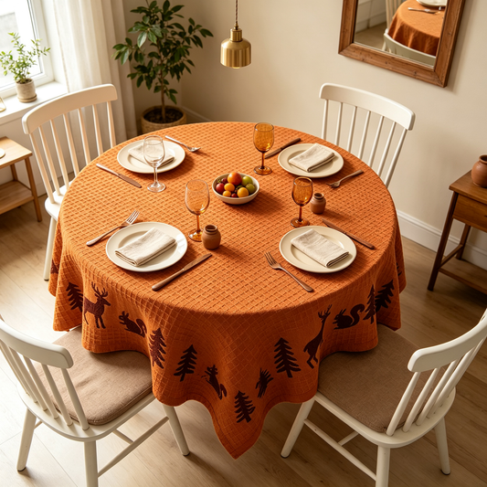 Burnt Orange Woodland Animal Embroidery Tablecloth