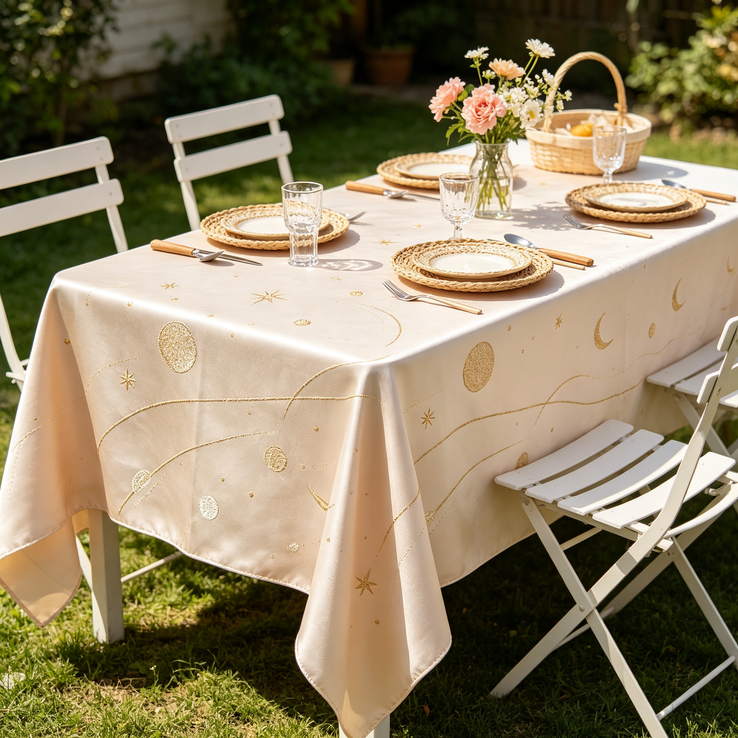 Cream Satin Celestial Embroidery Tablecloth