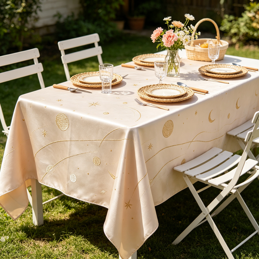 Cream Satin Celestial Embroidery Tablecloth