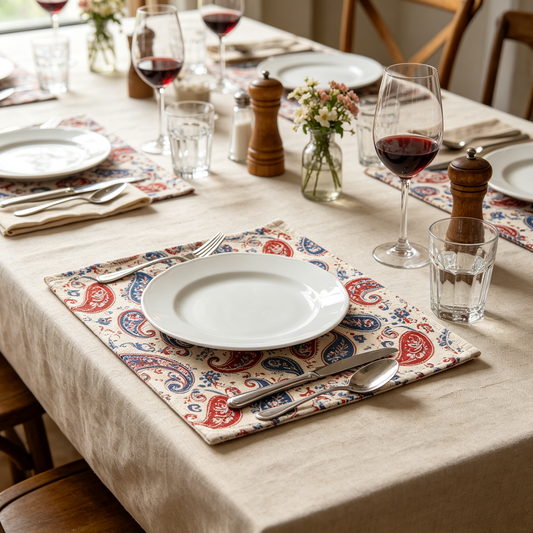 Square Red & Blue Paisley Linen Placemat