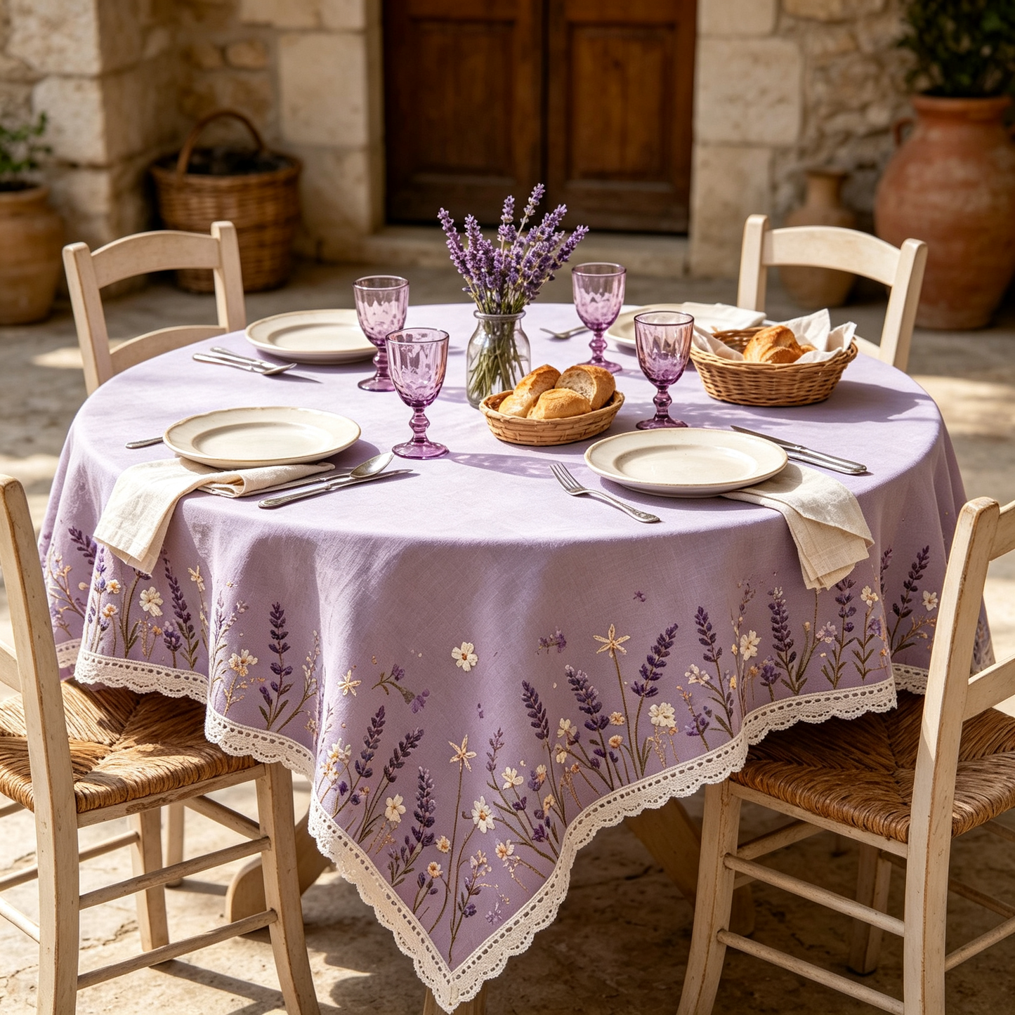 Lavender Floral Lace Trim Tablecloth
