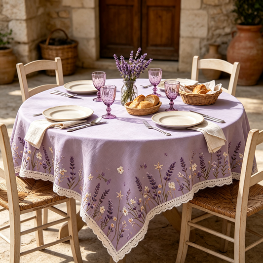 Lavender Floral Lace Trim Tablecloth