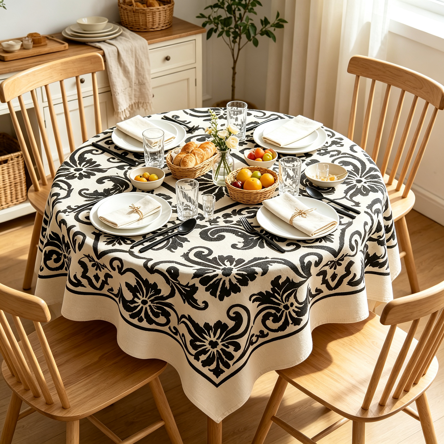 Black Vintage Ornament Print Linen Tablecloth