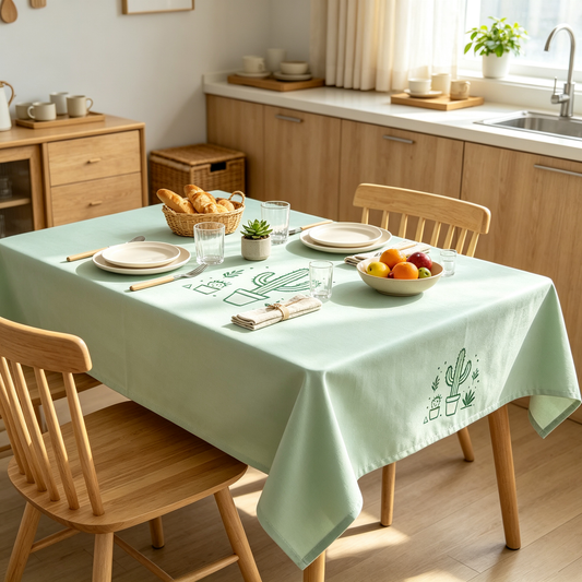 Mint Green Cactus Embroidery Tablecloth