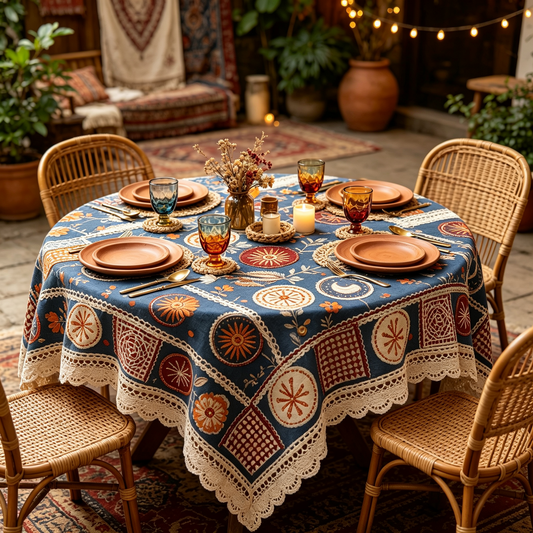 Sun & Moon Geometric Embroidery Boho Tablecloth