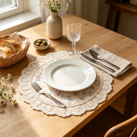 Round Floral Print Lace Trim Placemat