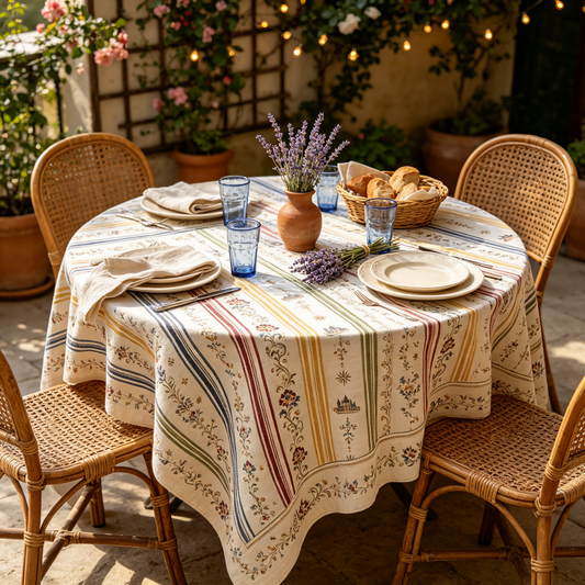 Vintage Striped Floral Castle Linen Tablecloth