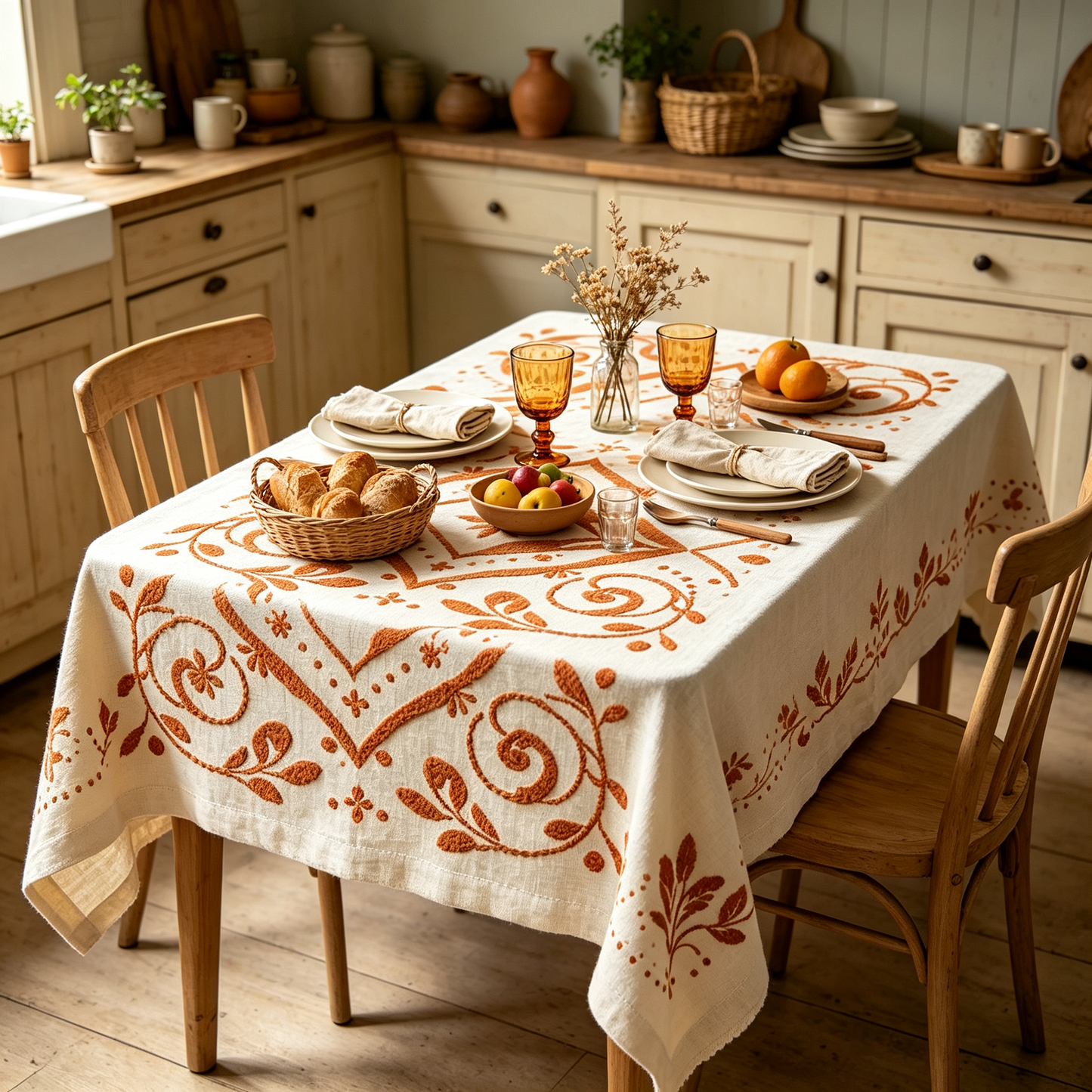Terracotta Diamond Scroll Embroidery Linen Tablecloth