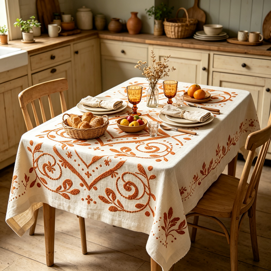 Terracotta Diamond Scroll Embroidery Linen Tablecloth