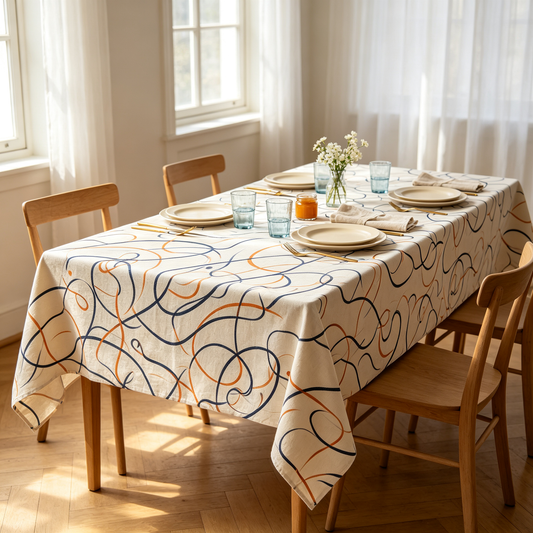 Abstract Curved Line Art Print Linen Tablecloth