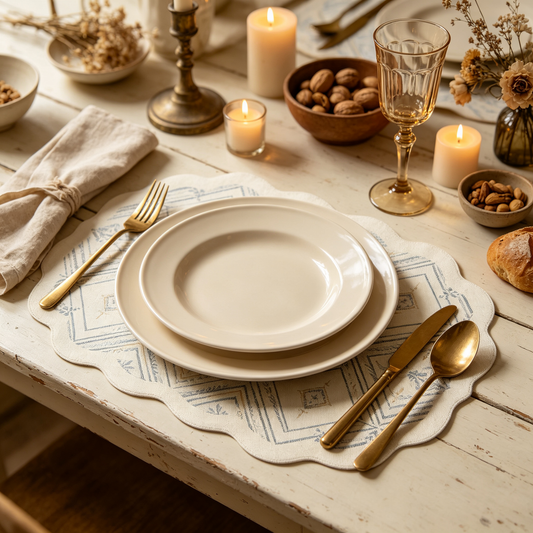 Scalloped Oval Neutral Geometric Linen Placemat