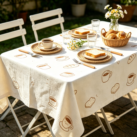 Coffee & Bread Line Print Linen Tablecloth