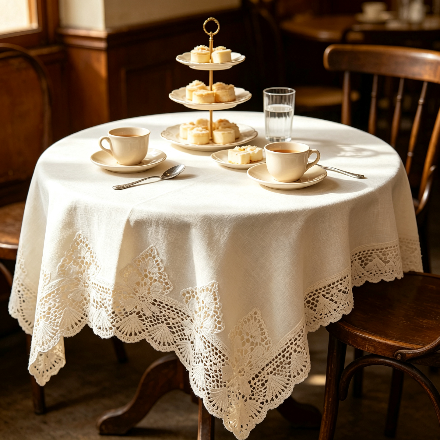 Cream Floral Lace Trim Linen Tablecloth