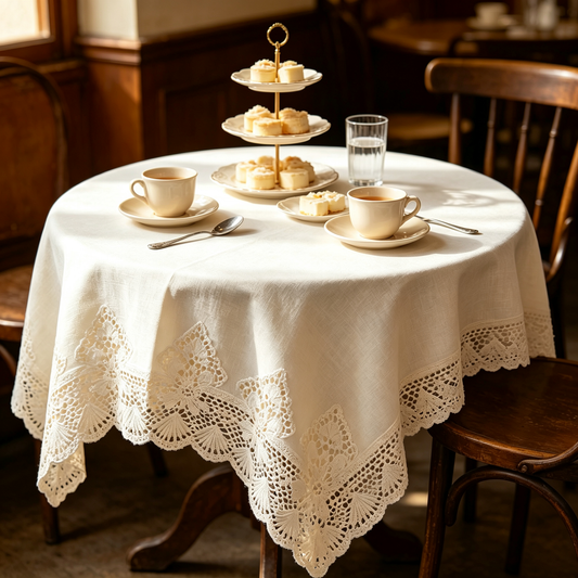 Cream Floral Lace Trim Linen Tablecloth