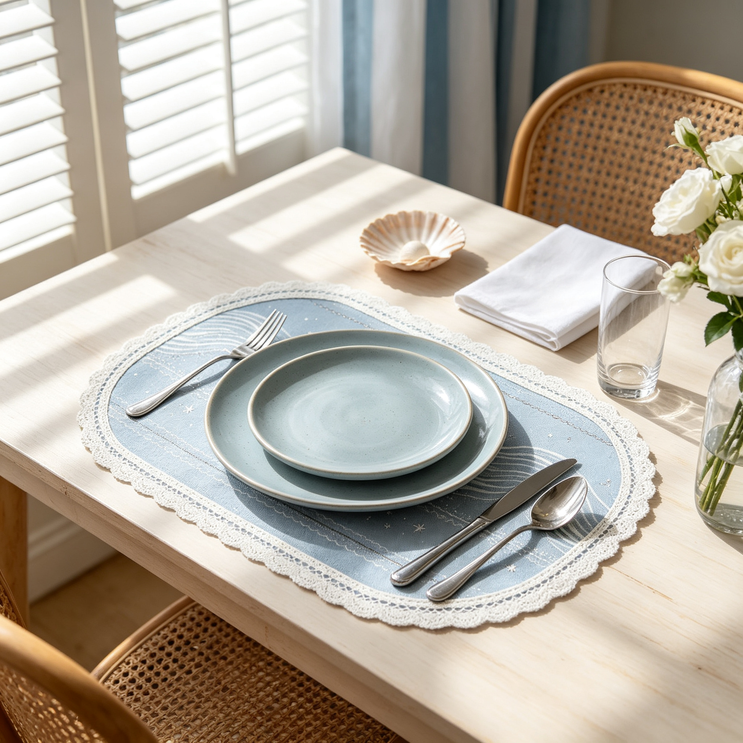 Oval Light Blue Wave Star Lace Trim Placemat