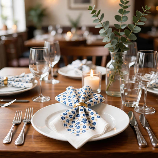 Blue Beige Ditsy Floral Linen Napkin